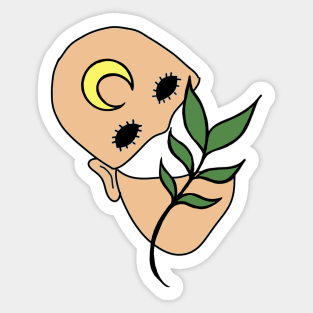 Surreal Black Eyed Plant Person with Crescent Moon Face Tattoo - Medium Skin Sticker